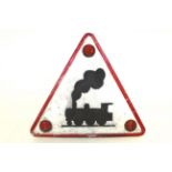 A triangular metal painted railway / train warning sign with reflectors, approx. 32" high x 36"