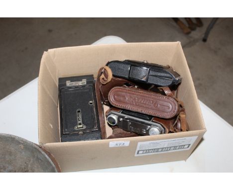 A box containing various cameras to include a Kodak No.1A pocket camera etc.