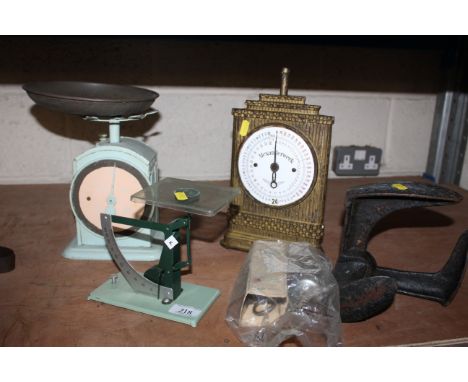 Three various sets of scales, one named to Alexander Werk, missing tray, a shoe last and icing syringe etc.