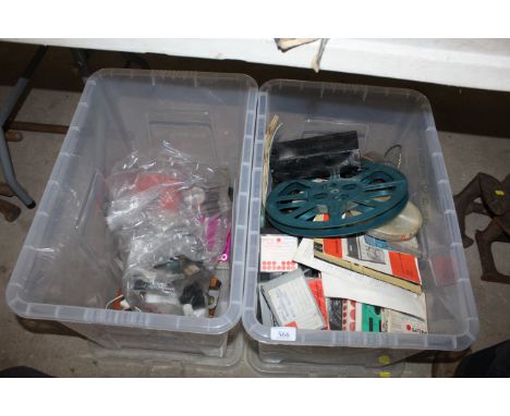 Two boxes containing a quantity of vintage photographic equipment, cassettes etc.