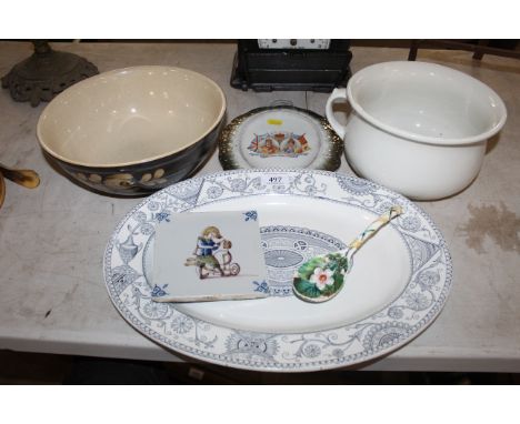 A meat plate, bowl, decorative tile, floral decorated spoon etc.