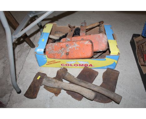 Two small axes, two axe blades and a box of various items and tools to include sprayer, brushes, hand hoe tool etc.