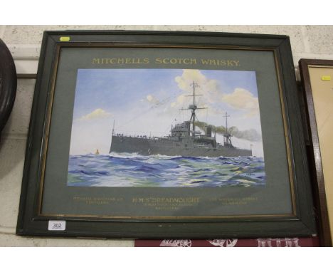 A painting of HMS Dreadnought by M.B. Black advertising Mitchells Scotch Whisky in frame, approx. 26&frac12;" x 20&frac34;" o