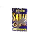 An enamel sign on rolled iron base for "Smoke Smilax Cigarettes, In Packets of Twelve", approx.
