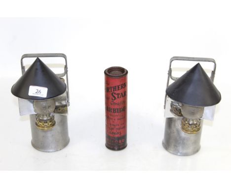 A pair of very early carbide lamps "The Premier Lamp Co of Leeds" plus a Northern Star carbide lamp tin