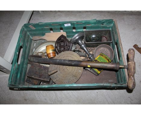 A box of miscellaneous antique metalware, tools and a weighing scale, number punches etc.