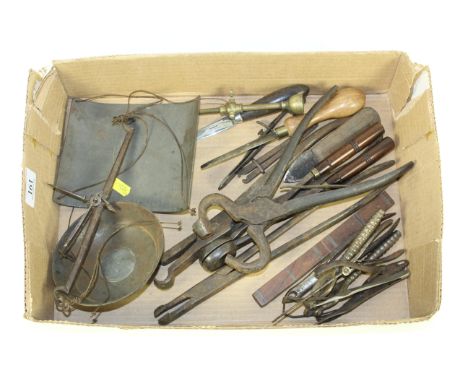 A quantity of antique metalware including scales, nut crackers etc.