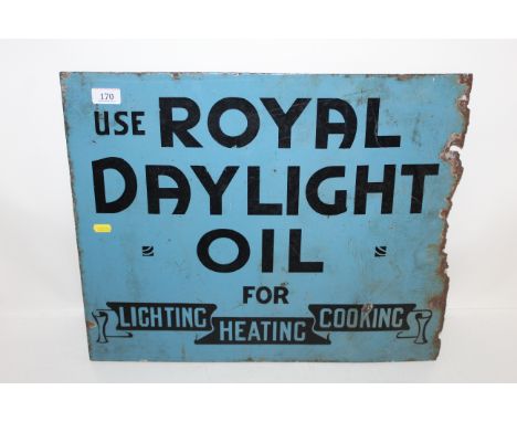A double sided enamel sign on rolled iron base for "Use Royal Daylight Oil For Lighting, Heating and Cooking", approx. 22" wi
