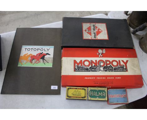 Two Monopoly board games, a Totopoly game board, a box of draughts men, and a box of Halma etc.