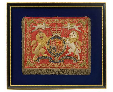 Household Cavalry State Trumpeter’s Ceremonial trumpet banner.A fine scarce Elizabeth II example. Ground of crimson damask si