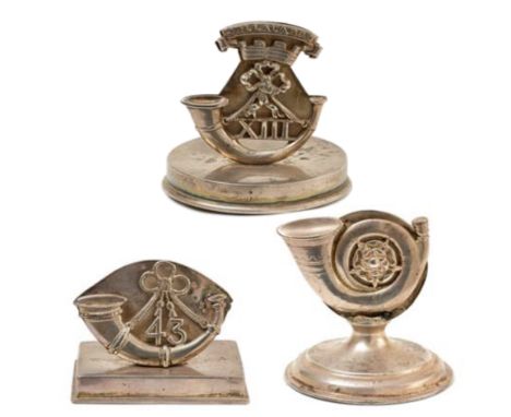 3 Rifles silver plated place settings / menu holders.13th Somerset Light Infantry (scroll “JELLALABAD” and Mural crown over s