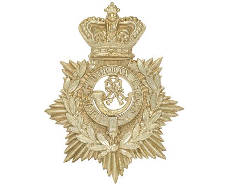 South Africa. Royal Durban Rifles Victorian pre 1889 OR’s helmet plate.A good rare die-stamped white metal example. Crowned s