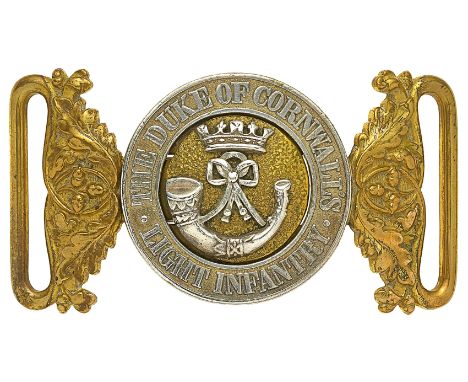 The Duke of Cornwall’s Light Infantry, Officer’s waist belt clasp 1881-1902.A good scarce silver and gilt interlocking exampl