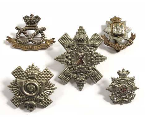 5 Victorian cap badges.South Staffordshire (loops replaced by brooch pin) ... East Surrey ... Highland Light Infantry ... Bor