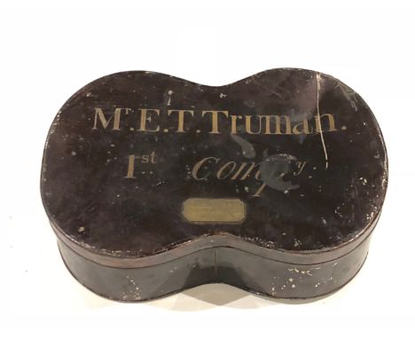 A tin case for a Victorian Officer’s shoulder-scales. A scarce example, shaped to contain a pair of scales, in japanned metal