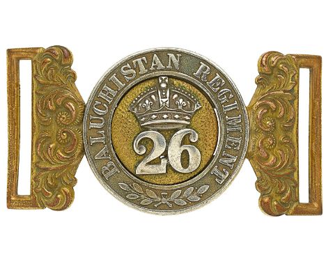 Indian Army. 26th Baluchistan Regiment Officer’s waist belt clasp circa 1901-03A good silver and gilt interlocking  example. 
