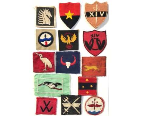 14 Indian Army WW2 cloth formation signs.Eastern Command ... GHQ ... 14th Army ... 202 LoC ... 105  LoC ... 505 LoC ... 404 L