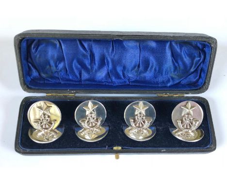 Scottish Rifles (Cameronians) cased set of 1916 HM silver place setting/menu holders.A fine set 0f four by Wakely and Wheeler