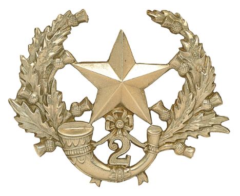 Scottish. 2nd (Hamilton) VB Cameronians glengarry badge.Die-stamped white metal example of Cameronians pattern. Mullet over s