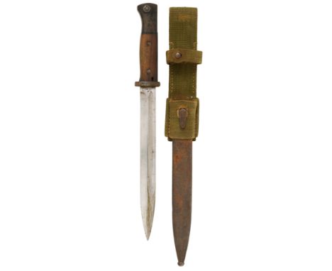 WW2 German K98 Bayonet with Afrika Korps webbing frog.This example with wood grips, blade and scabbard not matching numbers. 