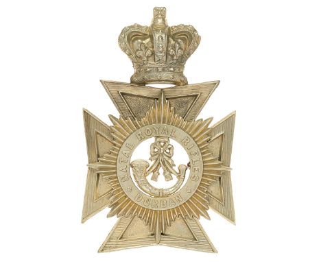 South Africa. Natal Royal Rifles Durban Victorian helmet plate circa 1889-95.A good scarce die-stamped white metal example. C