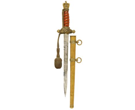 German Third Reich Kriegsmarine Officer’s Dagger and knot by WKC .A good example. Fine fullered plated blade etched with anch
