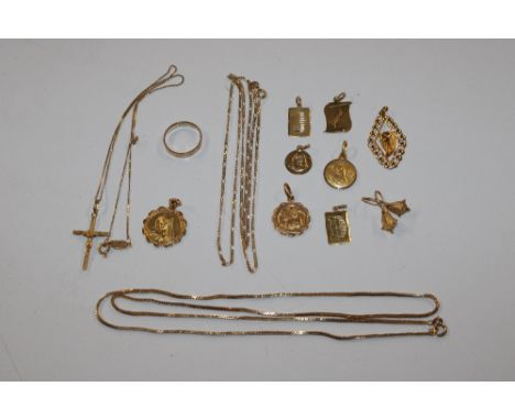 Two yellow metal necklaces marked 750, approx. 11gms total weight; a yellow metal crucifix pendant marked 18K hung to yellow 
