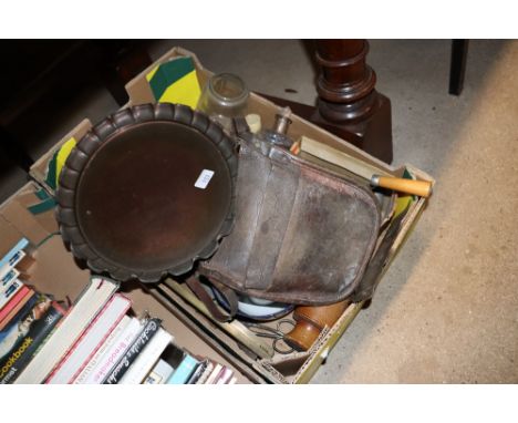 A box of various metal ware, stone glazed bottle, enamel ware etc.