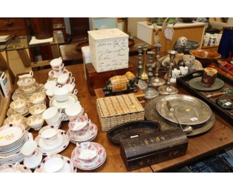 An Oriental lacquered box; an enamel bread bin; a pine storage box; various other decorative boxes etc.