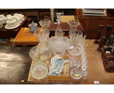 A quantity of miscellaneous table glassware to include decanter, vases, knife rests etc.