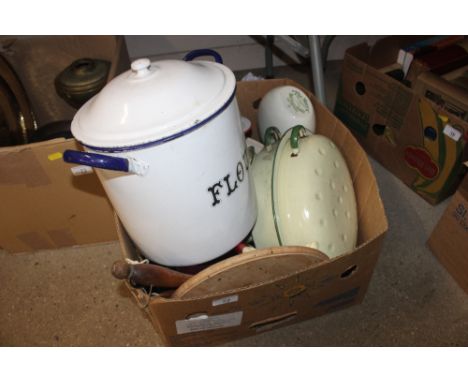 A box of various enamel ware and kitchenalia 