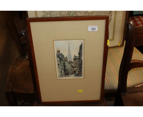 Indistinctly pencil signed etching of a Northern European street scene 4/25