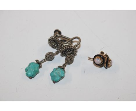 A pair of 9ct gold opal set ear rings approx. 2gms and a pair of white metal and turquoise ear rings