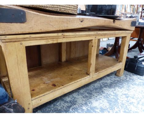 A PINE BUTCHERS BLOCK WITH SHELF UNDERTIER, W. 152 x D. 60 x H. 81cms.