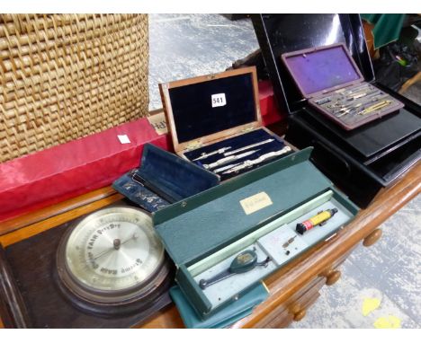 DRAUGHTSMANS DRAWING SETS, A PANTOGRAPH, BAROMETER, DEED BOXES, ETC.