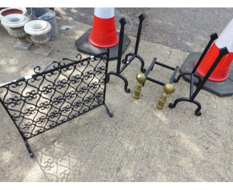TWO PAIRS OF FIRE DOGS AND A FIRESCREEN