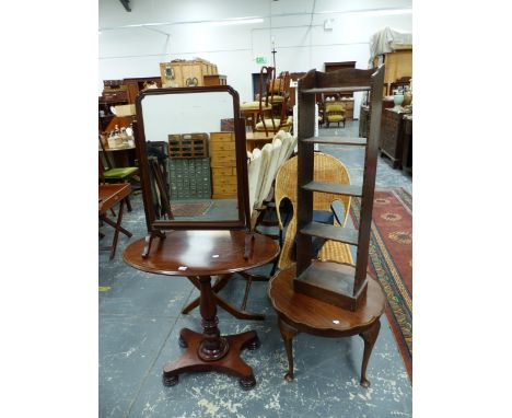 A MAHOGANY COFFEE TABLE, AN OAK OPEN BOOKCASE, A MAHOGANY FRAMED DRESSING TABLE MIRROR AND AN OVAL WINE TABLE