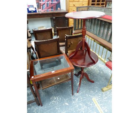 A PAIR OF MAHOGANY TRIPOD TABLES, A TRAY AND A GLASS TOPPED MAHOGANY TWO TIER TABLE