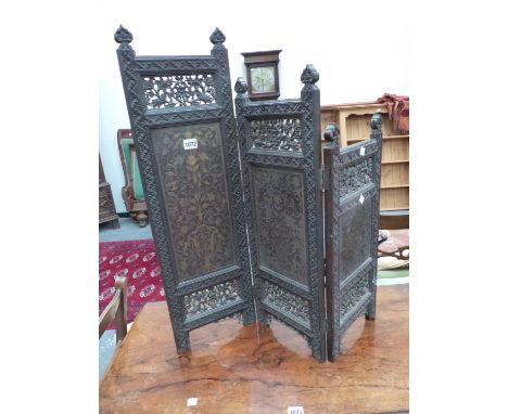 A BARLEY TWIST TORCHERE, AN ORIENTAL BRASS INLAID EBONY THREE FOLD SCREEN AND AN ART DECO TWO TIER TABLE, THE TALLEST.   H 78