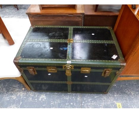 A GREEN AND BLACK BRASS STUDDED TRUNK.&nbsp;&nbsp;L. 92 x D. 54 x H. 60cms