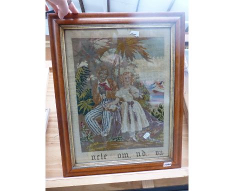 AN ANTIQUE NEEDLEPOINT PANEL, UNCLE TOM AND EVA, IN A MAPLE FRAME. 48 x 36cms.
