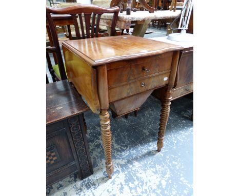 A FRUIT WOOD FLAP TOP SEWING TABLE, TWO DRAWERS AND A WOODEN WORK BAG ABOVE THE SPIRAL TURNED LEGS