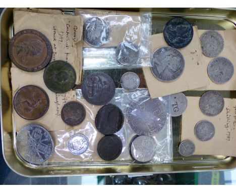 A GROUP OF EARLY SILVER AND COPPER COINS, TOGETHER WITH VICTORIAN AND LATER COPPER AND OTHER COINAGE CONTAINED IN A VICTORIAN