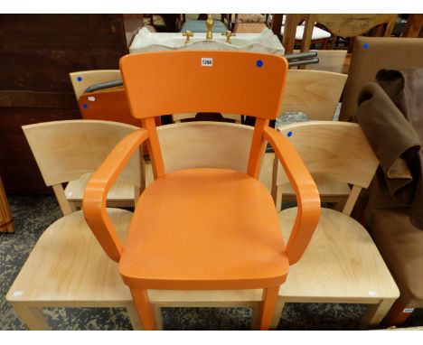 A SET OF SIX BLOND WOOD CHAIRS, A FOLDING PROJECTION TABLE AND AN ORANGE PAINTED ELBOW CHAIR