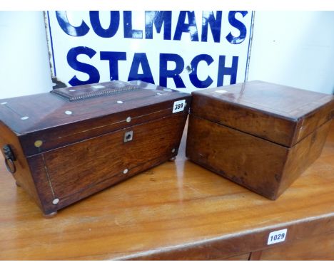 A VICTORIAN WORK BOX, AND A ROSEWOOD TEA CADDY. 