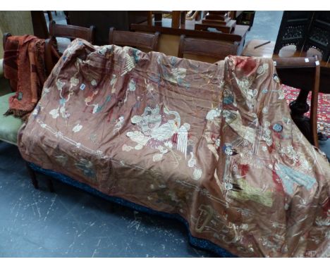 A LARGE SILK EMBROIDERED ORIENTAL PANEL AND A LATER STYLISED SCARF.