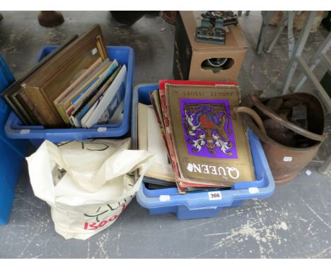 A COPPER COAL BUCKET, A SLIDE PROJECTOR, MAGAZINES, TABLE LINEN AND FRAMED PICTURES