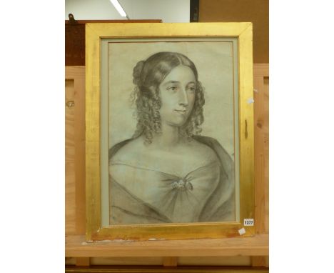 19th.C. SCHOOL.  PORTRAIT OF A YOUNG LADY, CHARCOAL DRAWING, 58 x 40cms.