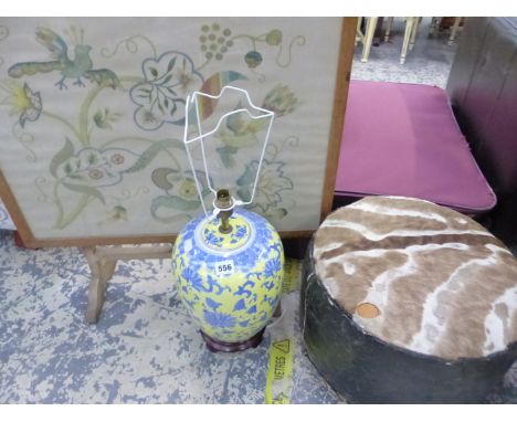 A LAMP, FIRESCREEN AND POUFFE.