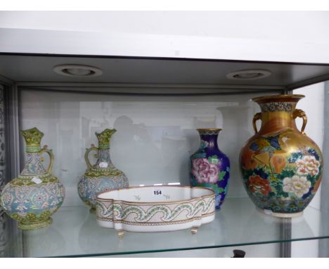 A PAIR OF JAPANESE PORCELAIN EWERS, A SATSUMA TYPE VASE, A CHINESE CLOISONNE VASE AND A POTSCHAPPEL FOOTED BOWL